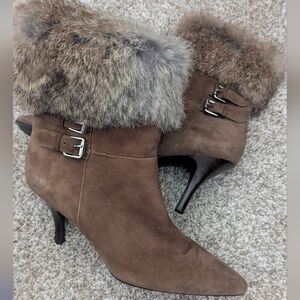 Anne Klein Brown Heeled Boots with Fur Trim